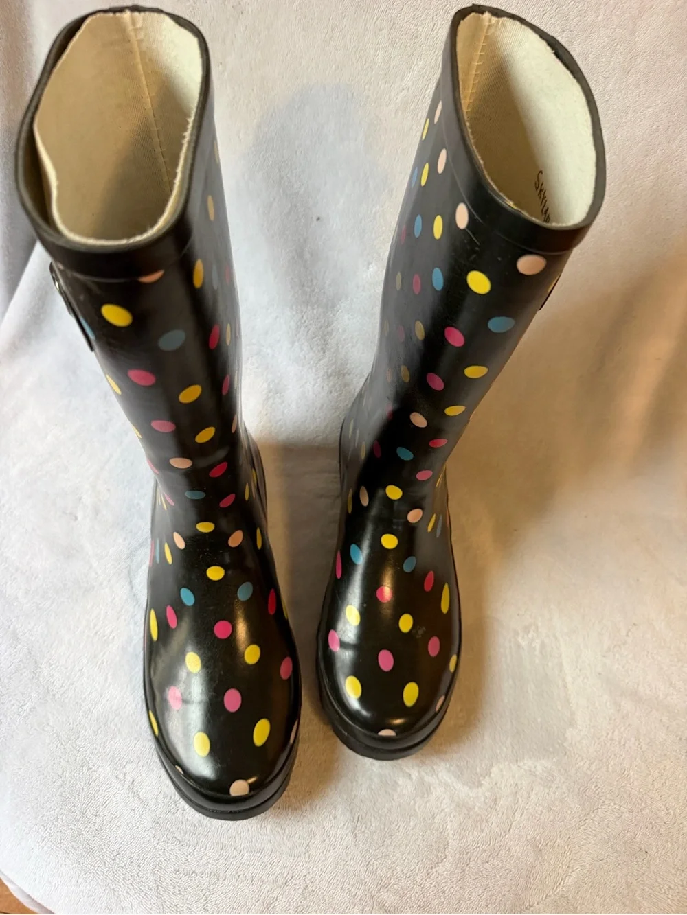 Norty Rain Boots Women Size 8 Black Like New Polka Dot Waterproof Colorful